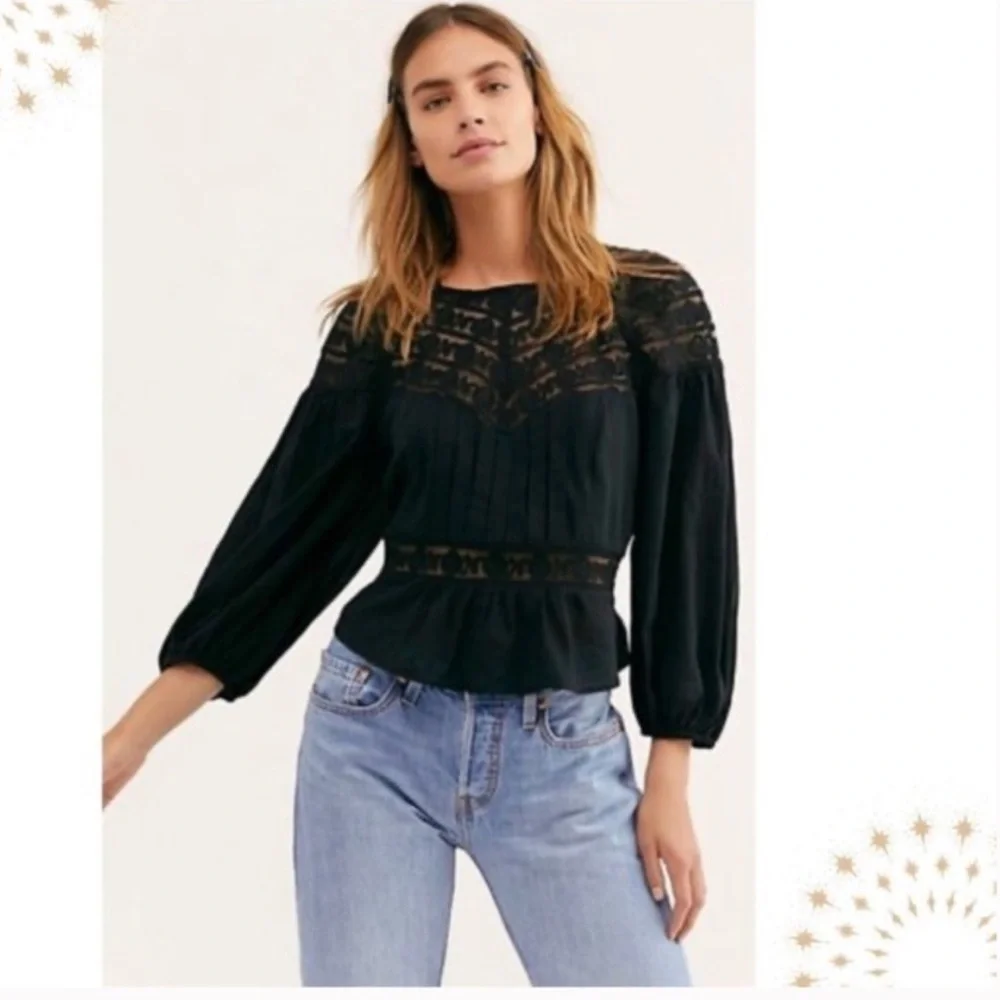 Free People Black Eyelet Top Sz S